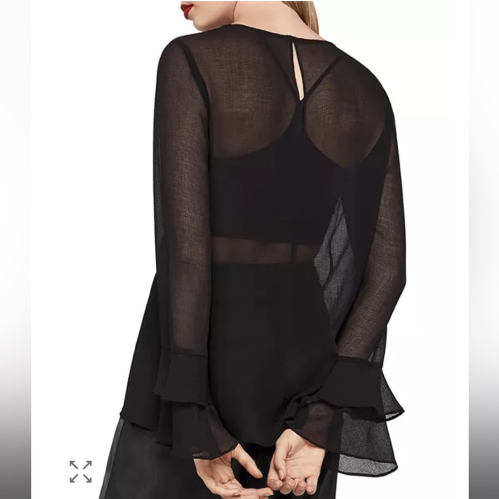 BCBGeneration Sheer Ruffle-Sleeve Top, Black, L - Picture 2 of 3